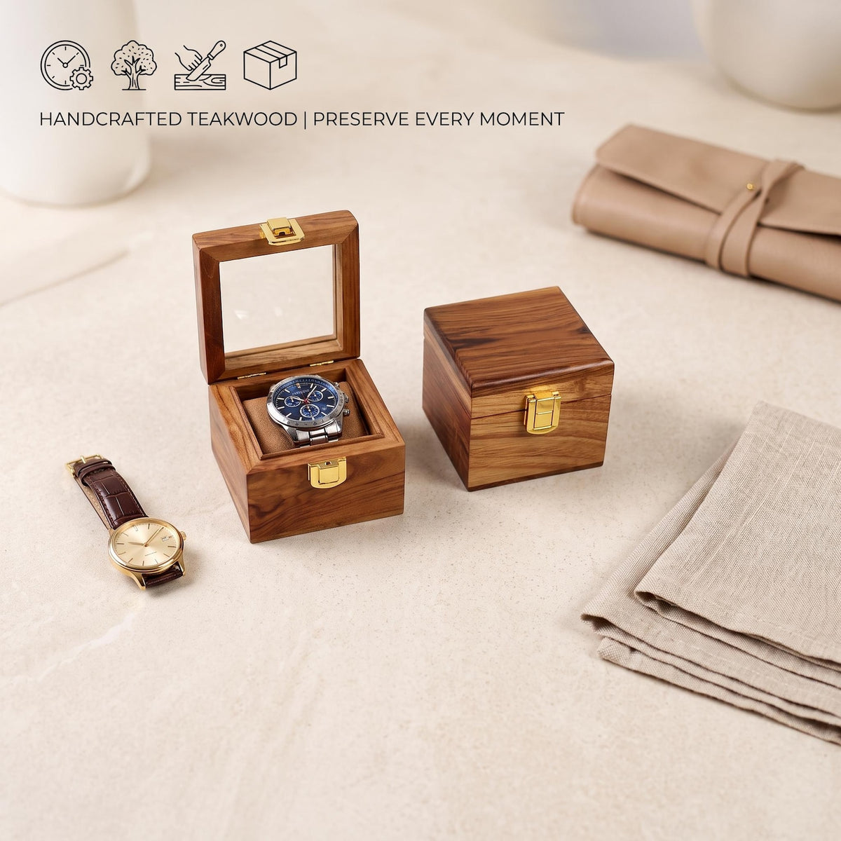 Personalized Handmade Wooden Watch Box with Single-Slot, Watch Display Case, Watch Storage Organizer - Teakwood with Glass Lid & Wood Lid