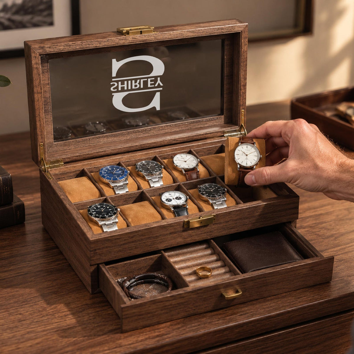 Personalized Watch Box for Men, Engraved Wooden Watch Organizer with Jewelry Drawer, Christmas Gift for Husband, Dad, Boyfriend