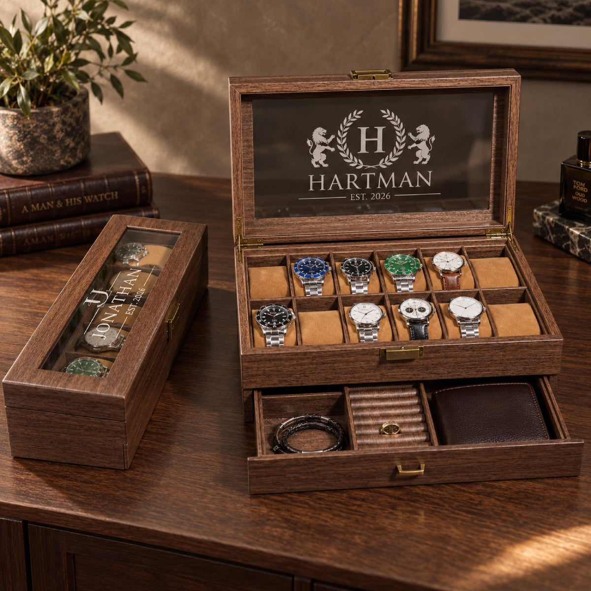 Personalized Watch Box for Men, Engraved Wooden Watch Organizer with Jewelry Drawer, Christmas Gift for Husband, Dad, Boyfriend