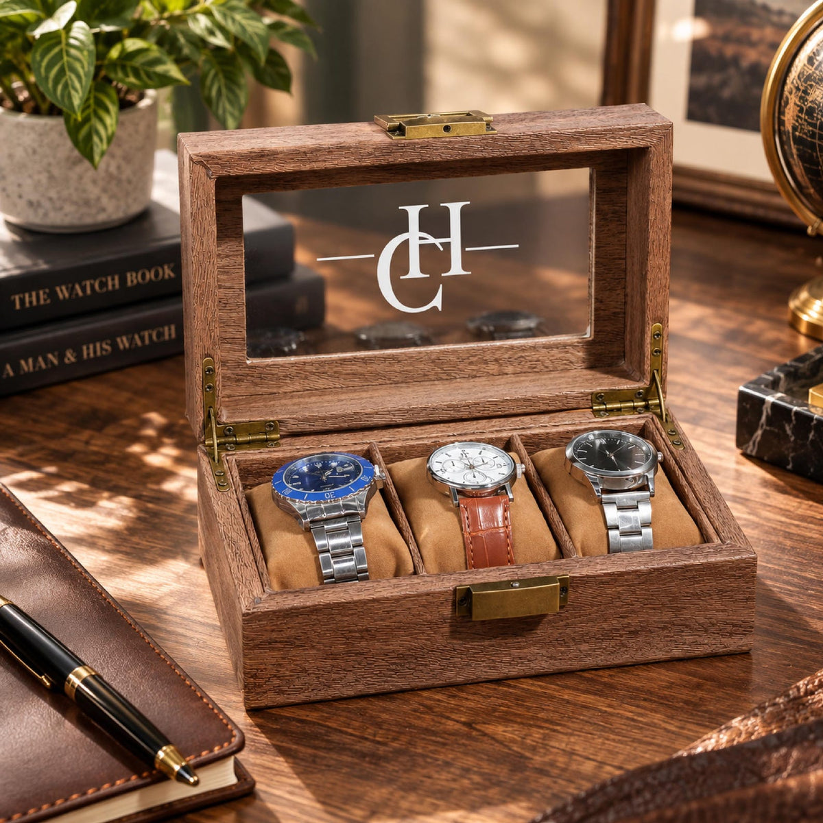 Personalized Watch Box for Men, Engraved Wooden Watch Organizer with Jewelry Drawer, Christmas Gift for Husband, Dad, Boyfriend