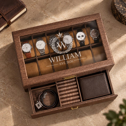 Personalized Watch Box for Men, Engraved Wooden Watch Organizer with Jewelry Drawer, Christmas Gift for Husband, Dad, Boyfriend