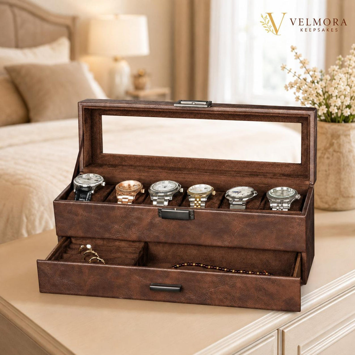 Double Layer Watch Box, Leatherette Jewelry Organizer, Six Slot Display Case, Glass Top Storage Drawer, Anniversary Gift for Him