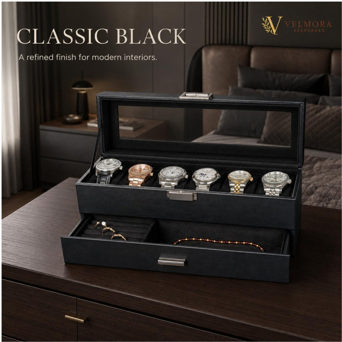 Double Layer Watch Box, Leatherette Jewelry Organizer, Six Slot Display Case, Glass Top Storage Drawer, Anniversary Gift for Him