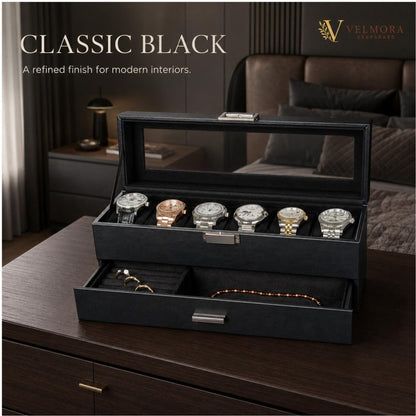 Double Layer Watch Box, Leatherette Jewelry Organizer, Six Slot Display Case, Glass Top Storage Drawer, Anniversary Gift for Him