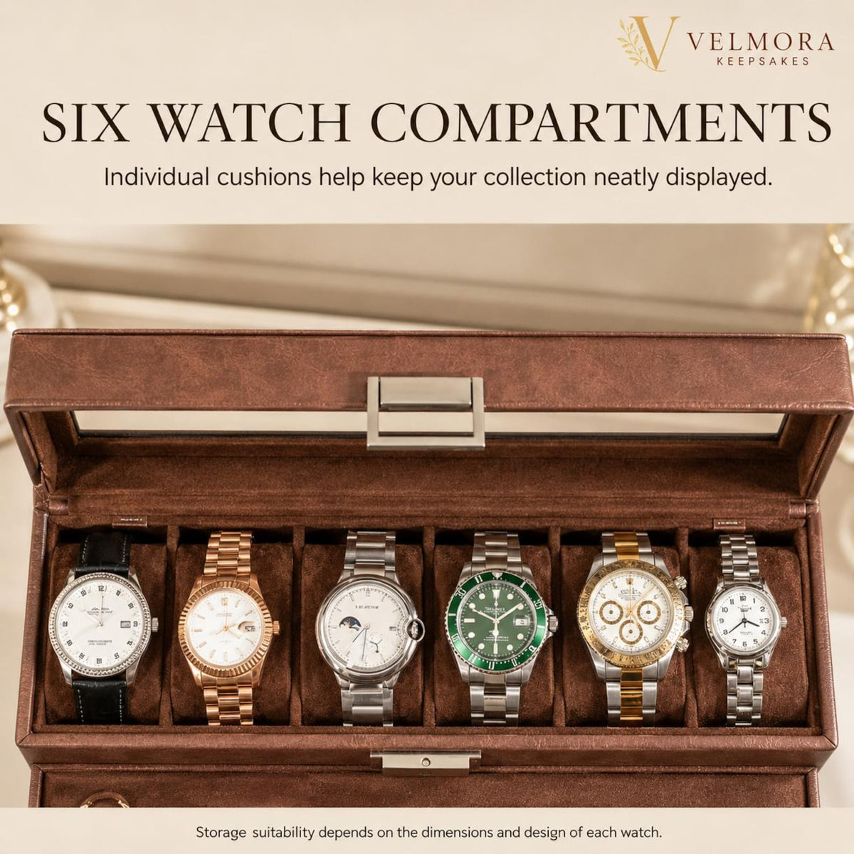 Double Layer Watch Box, Leatherette Jewelry Organizer, Six Slot Display Case, Glass Top Storage Drawer, Anniversary Gift for Him