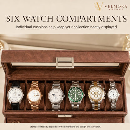 Double Layer Watch Box, Leatherette Jewelry Organizer, Six Slot Display Case, Glass Top Storage Drawer, Anniversary Gift for Him