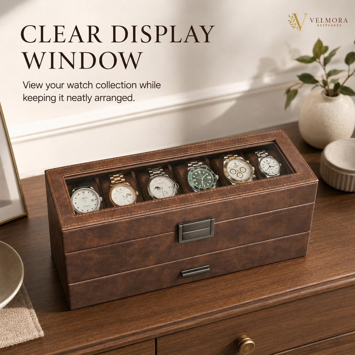 Double Layer Watch Box, Leatherette Jewelry Organizer, Six Slot Display Case, Glass Top Storage Drawer, Anniversary Gift for Him