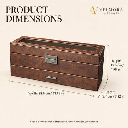 Double Layer Watch Box, Leatherette Jewelry Organizer, Six Slot Display Case, Glass Top Storage Drawer, Anniversary Gift for Him
