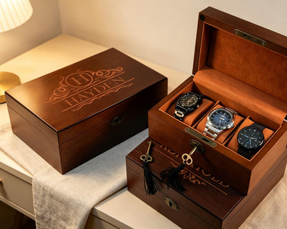 Personalized Watch Box with Lock & Key, Gift for Dad, Engraved Wooden Watch Case, Watch Box for Men, Mens Gift, Anniversary Gift