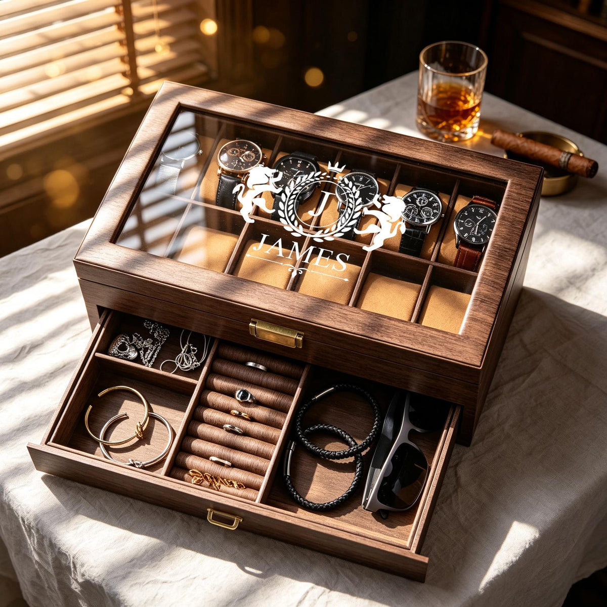 Personalised Custom Watch Box, Engraved Watch Jewelry Storage Case, Anniversary Gift for Husband