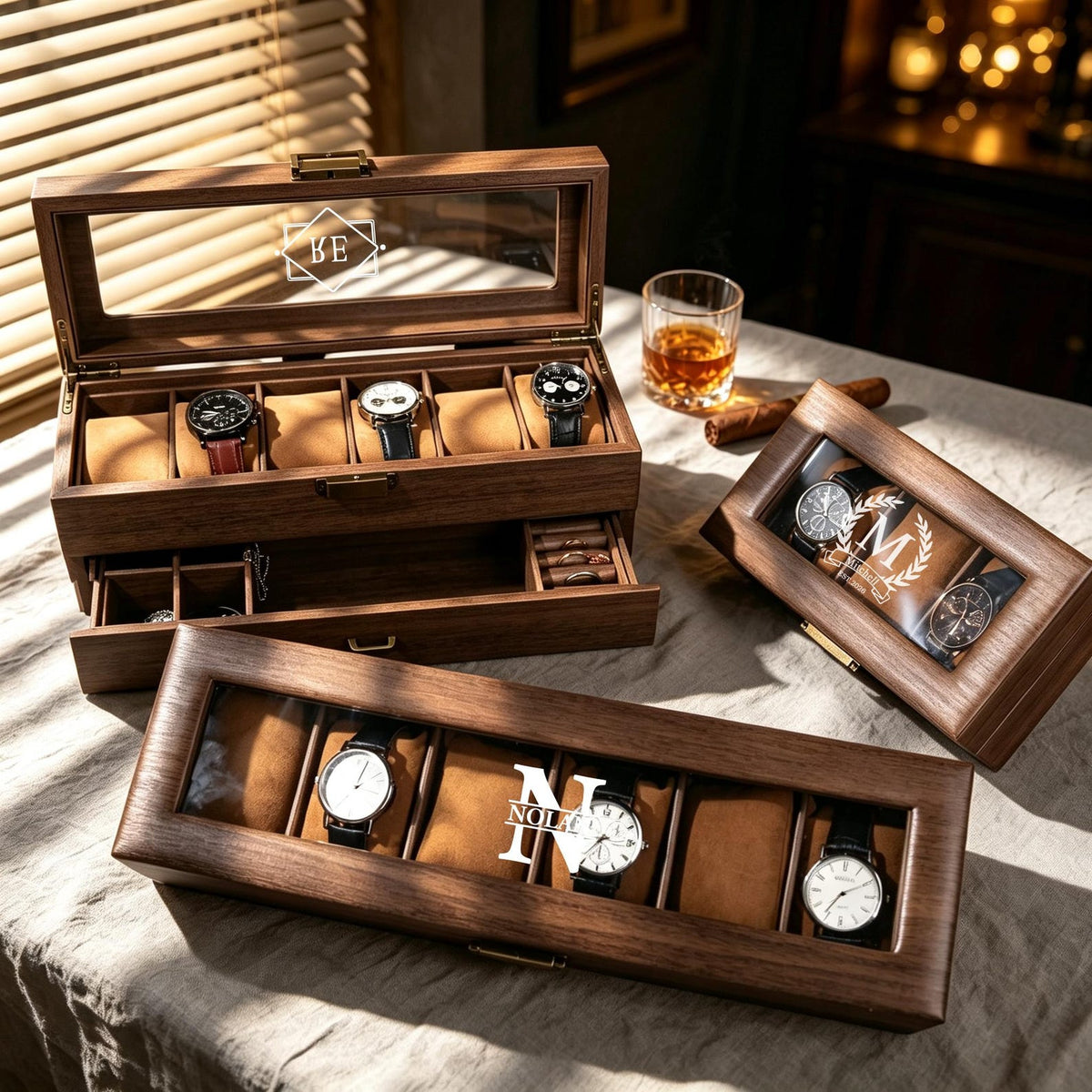 12 Slot Two Layer Men's Watch Box with Drawer, Personalized Engraved Grain Leather Watch Display Case, Anniversary Gift for Him