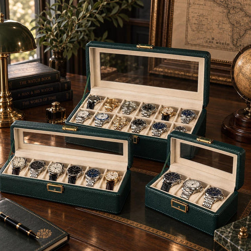 Green Watch Box, Vintage PU Leather Watch Case, 3 6 12 Slot Watch Organizer, Glass Display