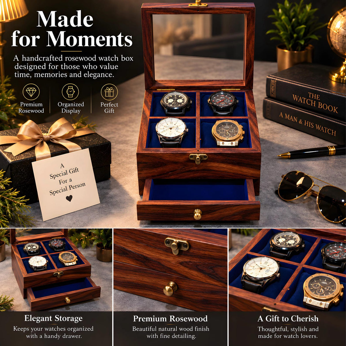 Handmade Vintage Men's Wooden Watch Box with Drawer – Free Personalized Rosewood Watch Case for Men – Custom Watch Holder & Gift for Him