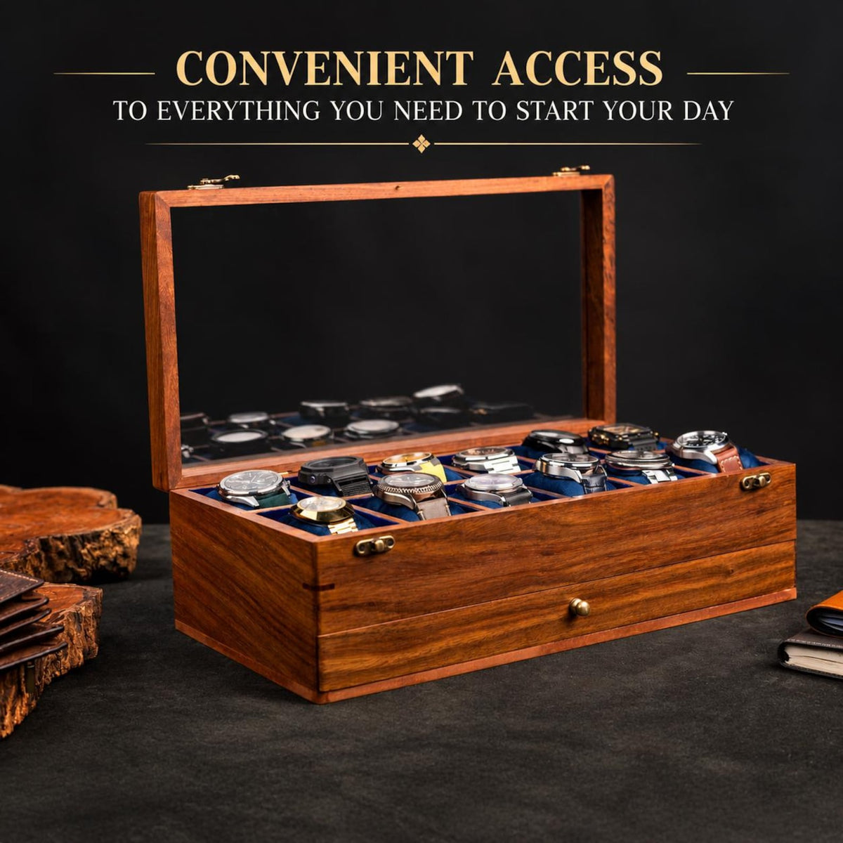 Handmade Vintage Men's Wooden Watch Box with Drawer – Free Personalized Rosewood Watch Case for Men – Custom Watch Holder & Gift for Him