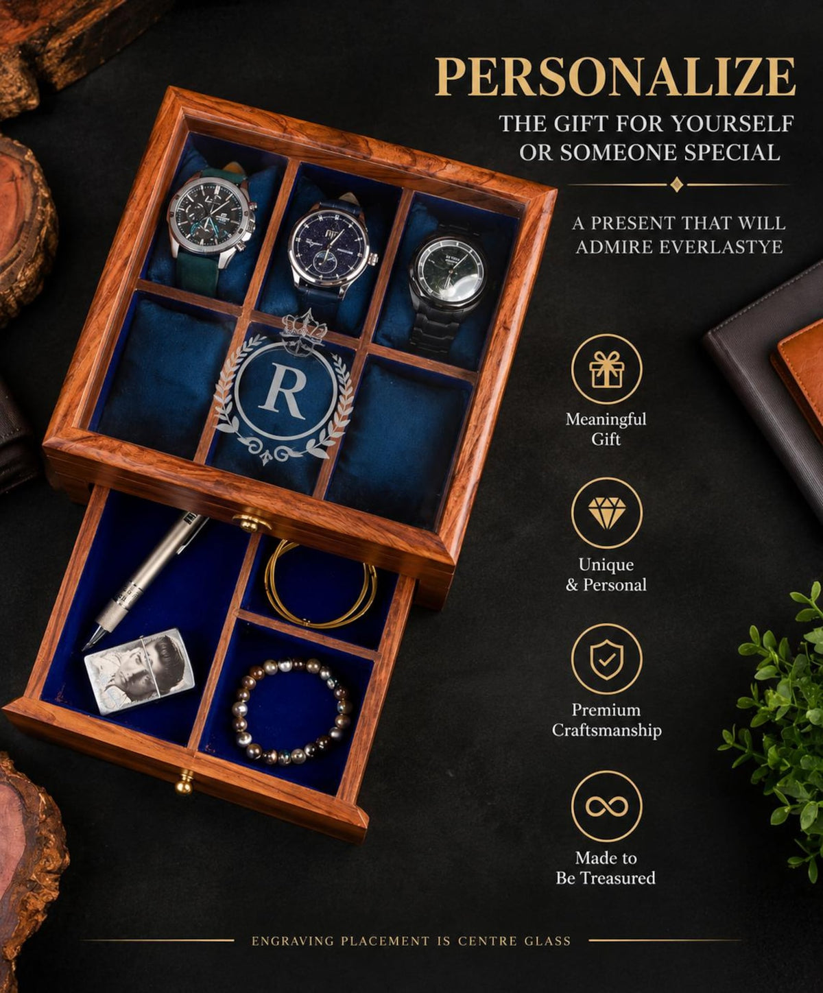 Custom Father's Day Gift, Free Personalized Rosewood watch box with drawer, Watch case for men, Superior Wooden Watch Box, Best Gift for him