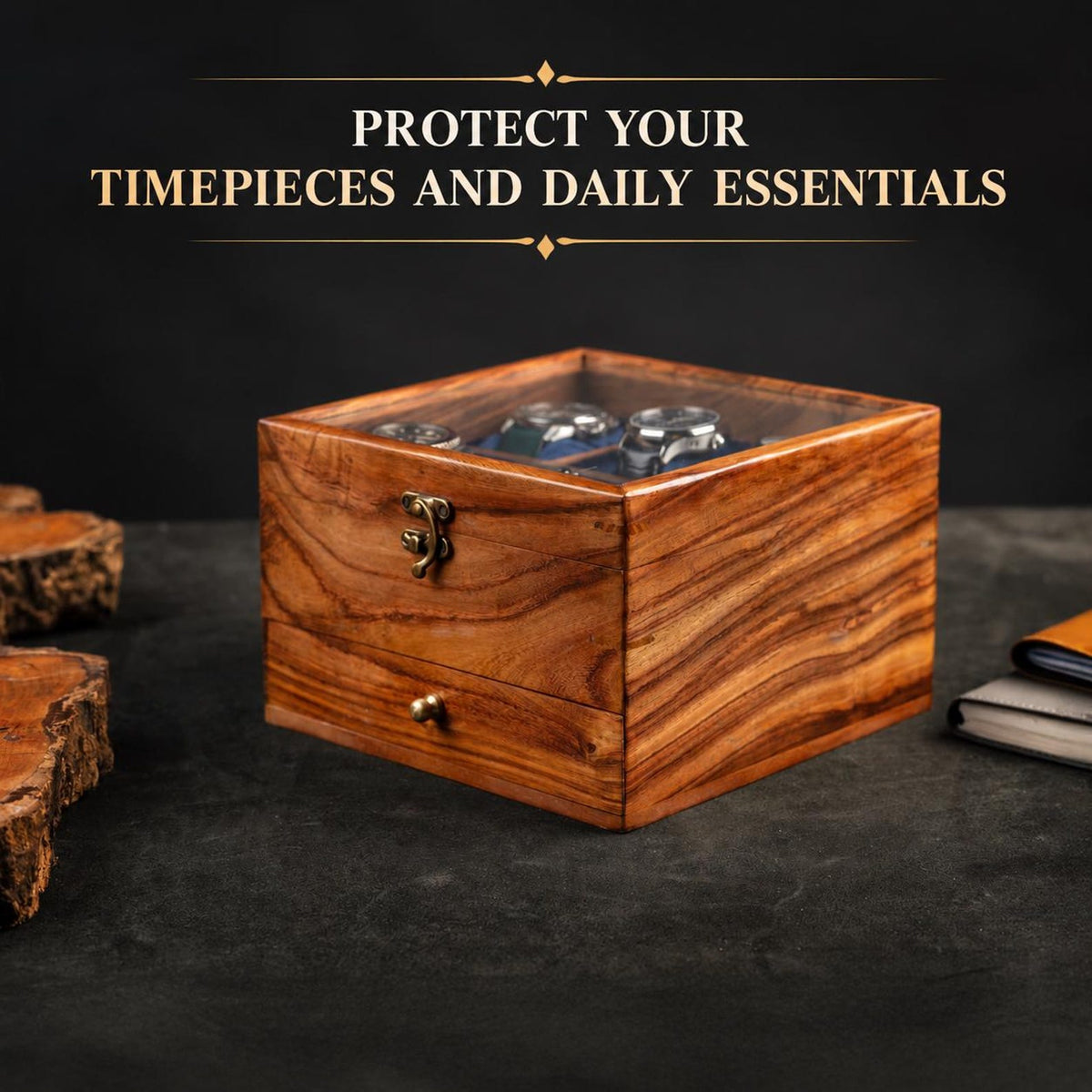 Custom Father's Day Gift, Free Personalized Rosewood watch box with drawer, Watch case for men, Superior Wooden Watch Box, Best Gift for him