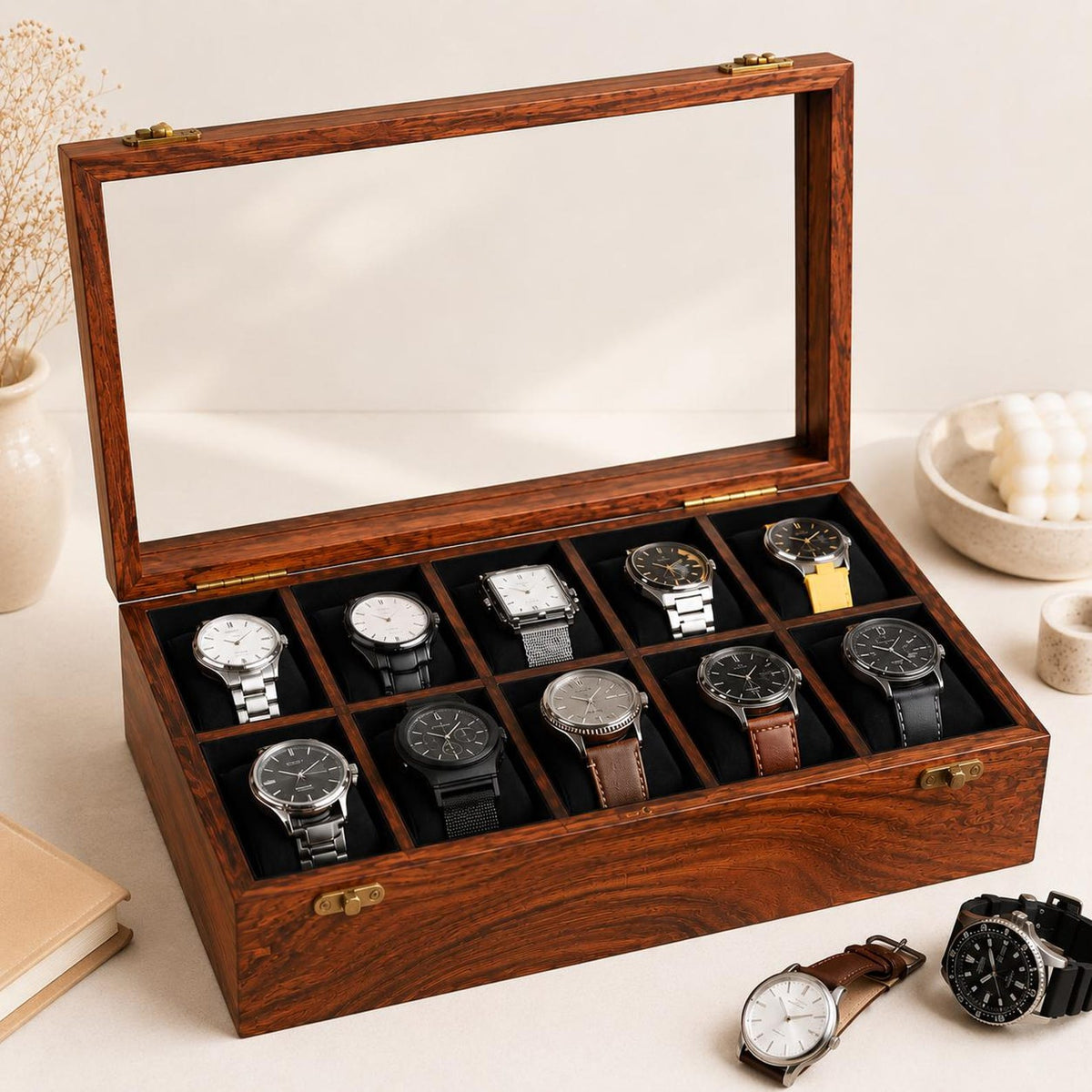 Handmade 10-Slot Wooden Watch Box for Men | Glass Top Watch Organizer (Custom Engraving) | Mens Watch Display Case | Christmas Gift for Him