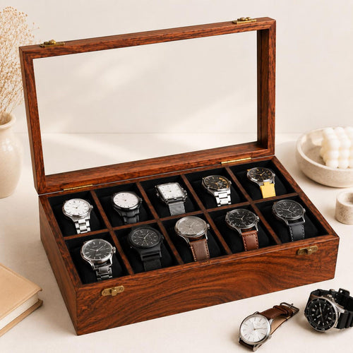 Handmade 10-Slot Wooden Watch Box for Men | Glass Top Watch Organizer (Custom Engraving) | Mens Watch Display Case | Christmas Gift for Him