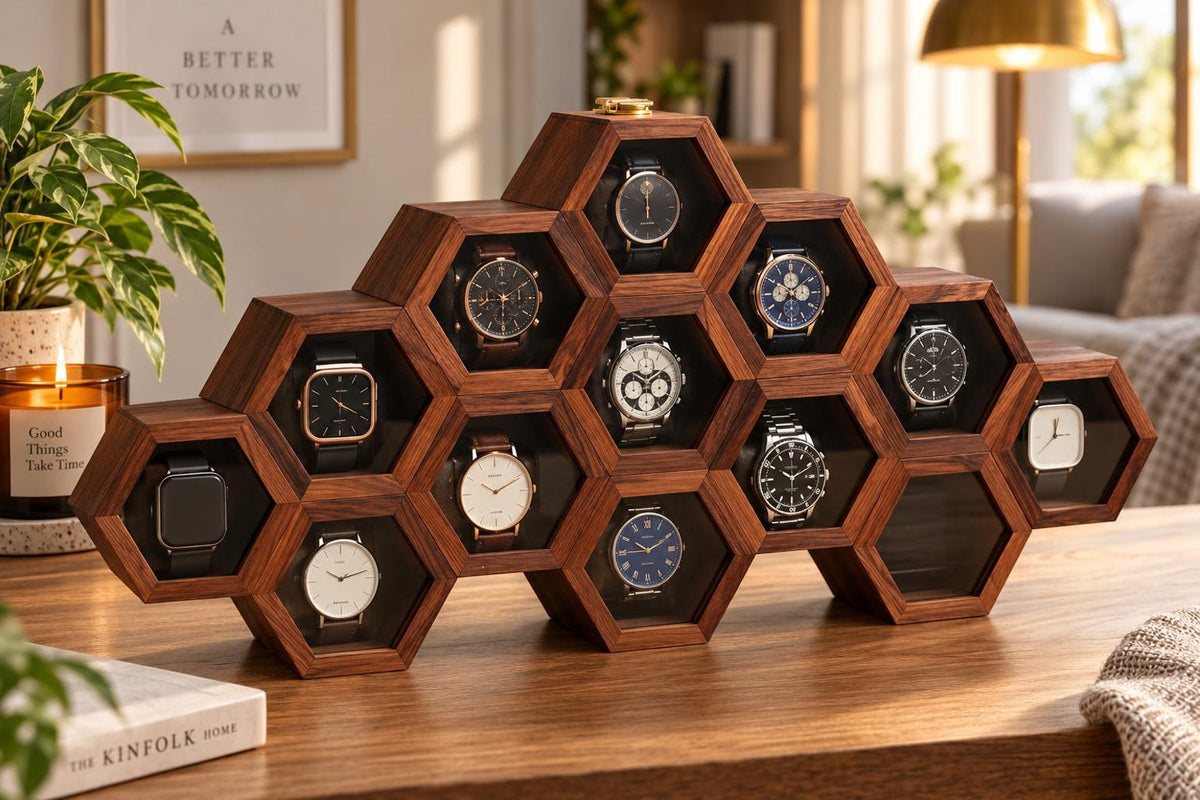 Personalized Honeycomb Watch Box, Indian Rosewood watch Display Case, Engraved Gift