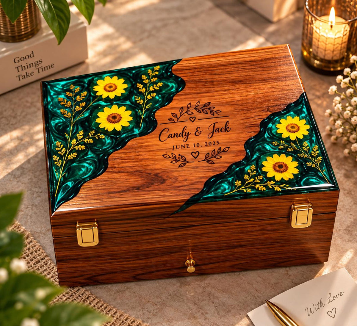 Personalized Rosewood Watch Box, Floral Resin Watch Organizer, Luxury Anniversary Gift for Him