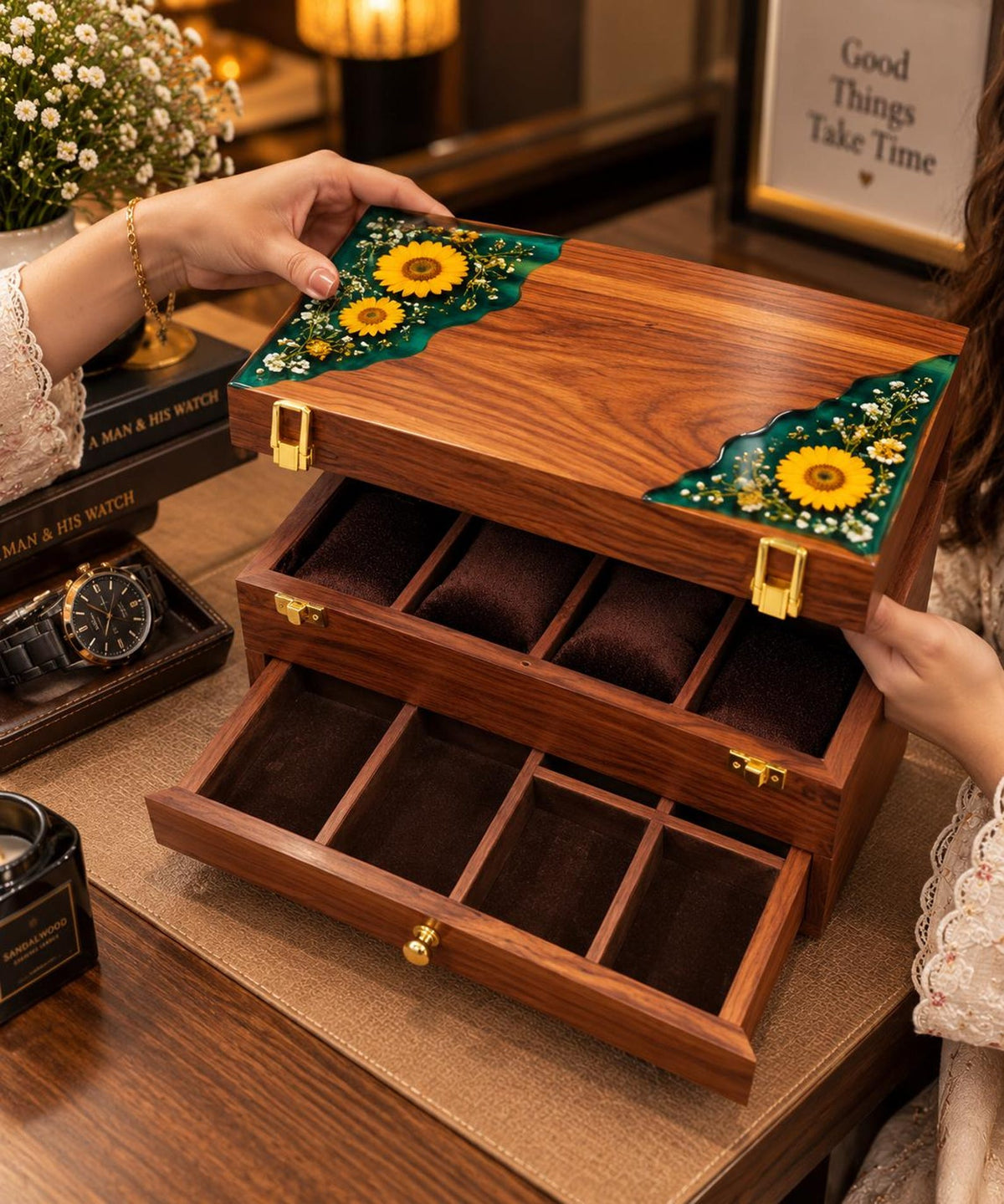 Personalized Rosewood Watch Box, Floral Resin Watch Organizer, Luxury Anniversary Gift for Him