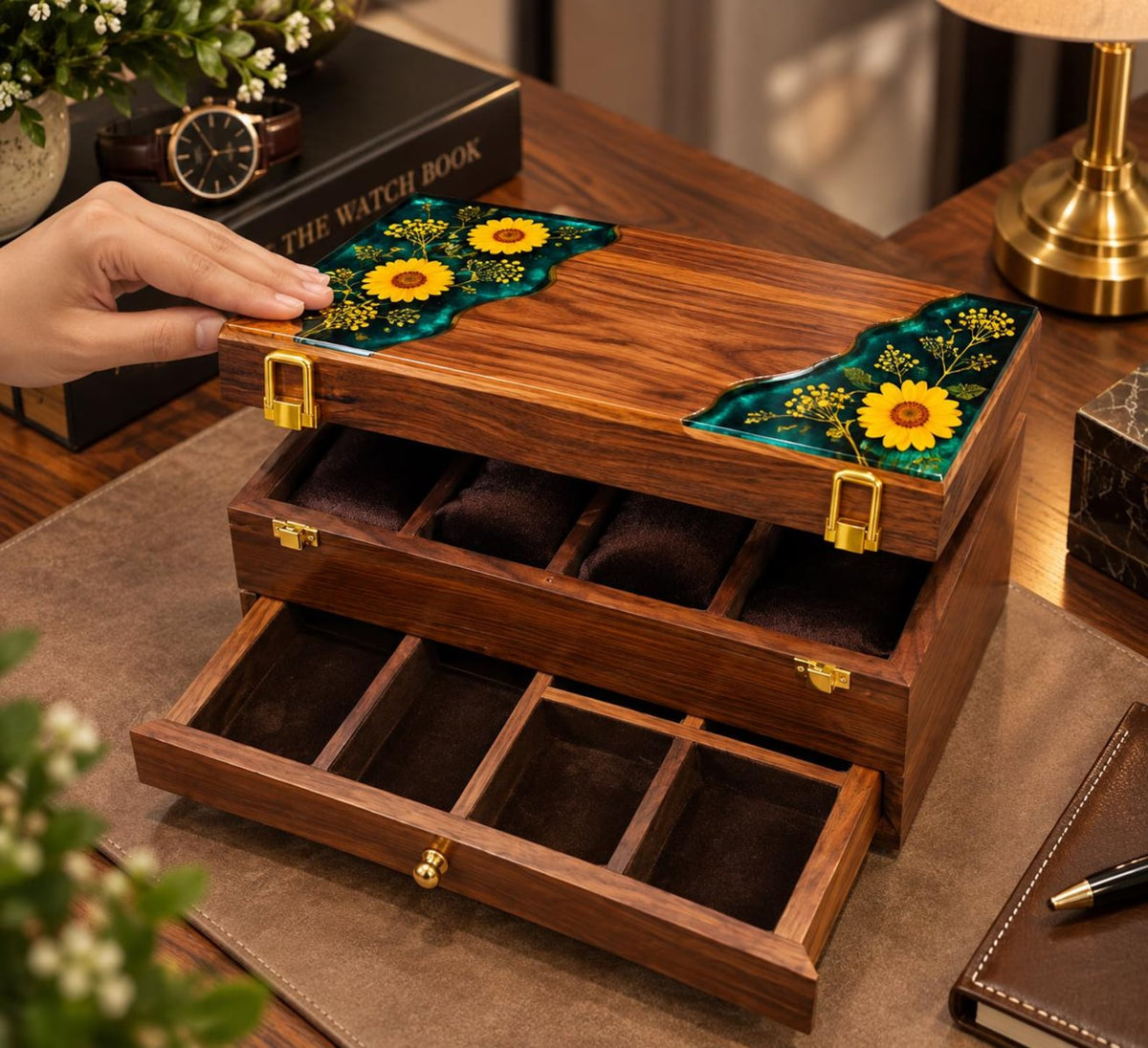 Personalized Rosewood Watch Box, Floral Resin Watch Organizer, Luxury Anniversary Gift for Him