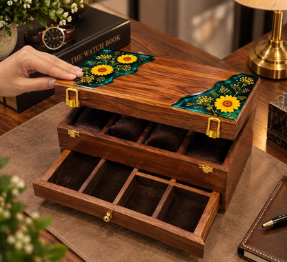 Personalized Rosewood Watch Box, Floral Resin Watch Organizer, Luxury Anniversary Gift for Him
