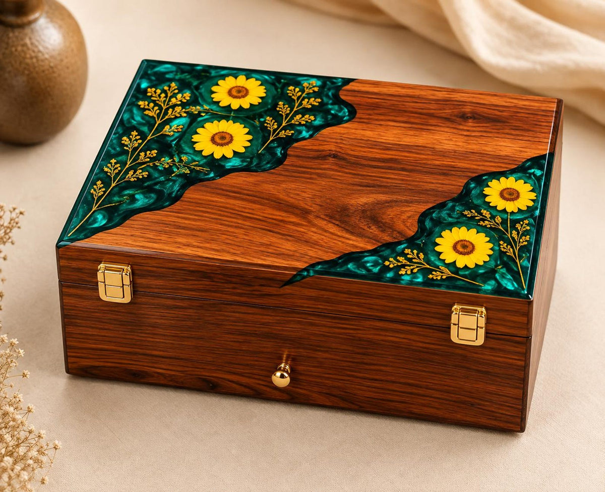 Personalized Rosewood Watch Box, Floral Resin Watch Organizer, Luxury Anniversary Gift for Him