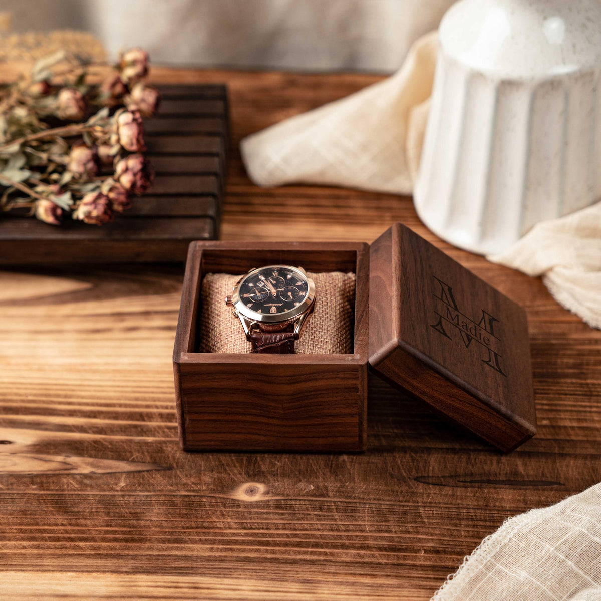 Personalized Walnut Wood Gift Box, Engraved Monogram Watch Box Case for Him, 6 Slots Watch Box with Lock, Birthday Gifts For Best Friend
