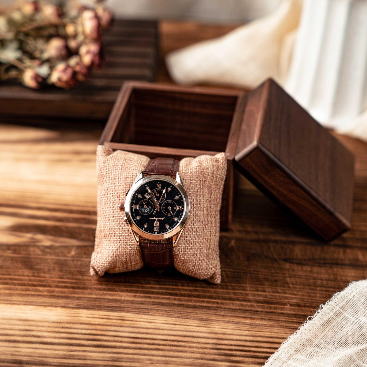 Personalized Walnut Wood Gift Box, Engraved Monogram Watch Box Case for Him, 6 Slots Watch Box with Lock, Birthday Gifts For Best Friend