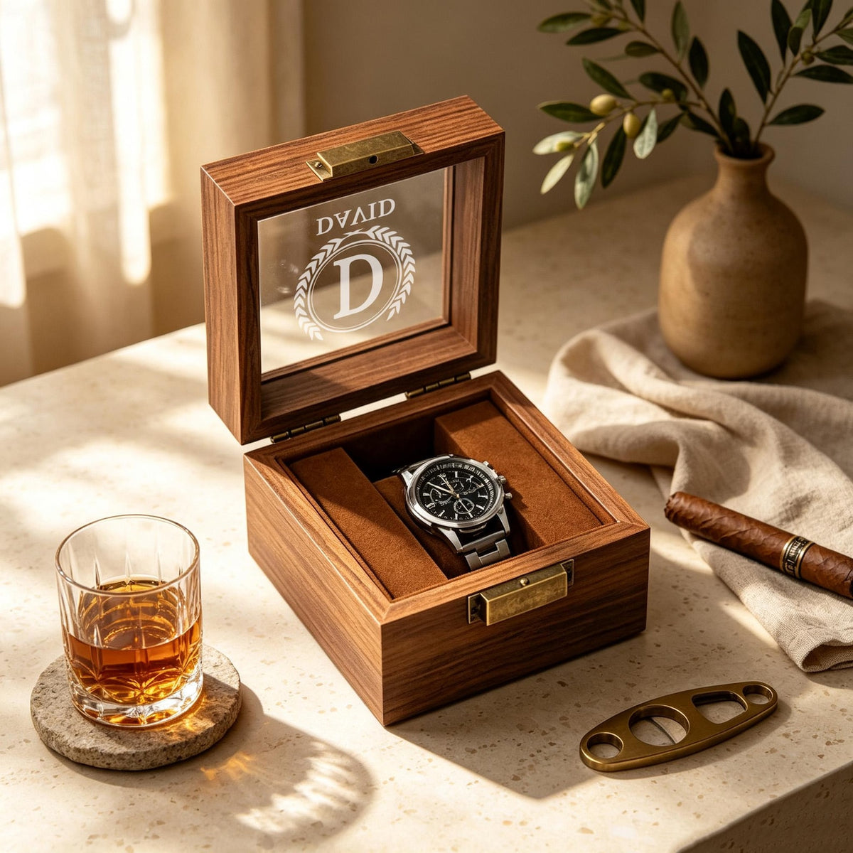 Personalised Wooden Watch Box, Custom Name Watch Box For 1 2 3 6 10 Watches, Luxury Gift For Him, Bespoke Watch Storage Box