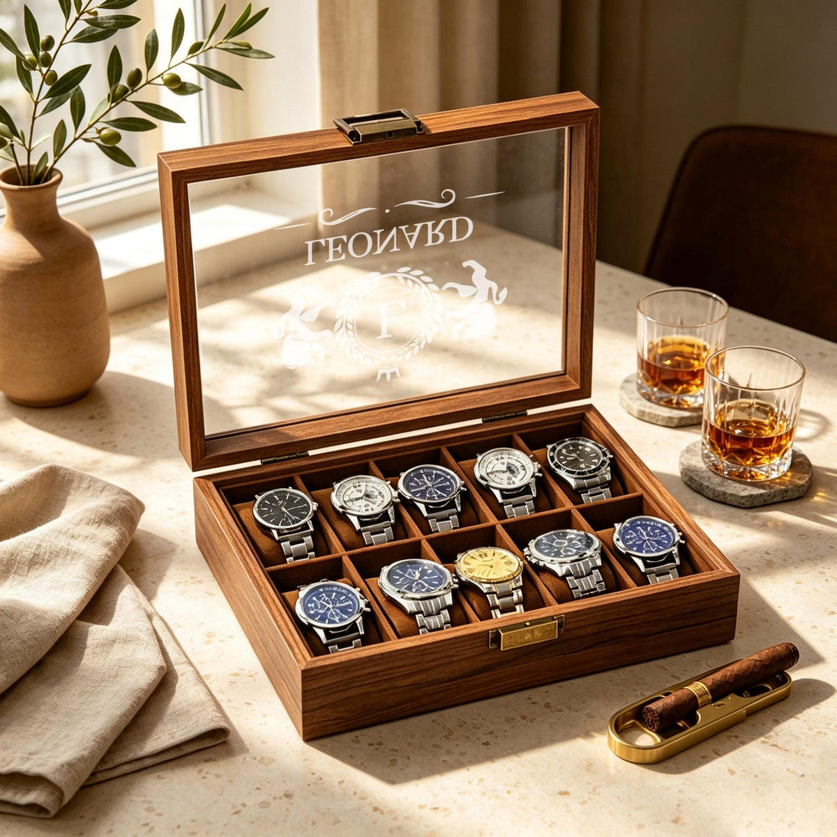 Personalised Wooden Watch Box, Custom Name Watch Box For 1 2 3 6 10 Watches, Luxury Gift For Him, Bespoke Watch Storage Box