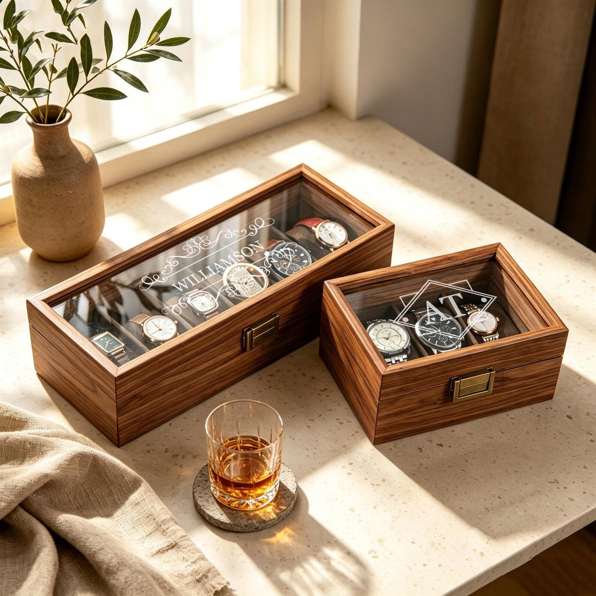 Personalised Wooden Watch Box, Custom Name Watch Box For 1 2 3 6 10 Watches, Luxury Gift For Him, Bespoke Watch Storage Box