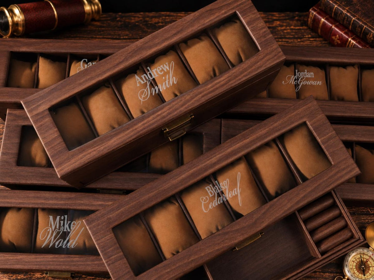 Personalized Watch Box for Men, Custom Engraved 6 Watch Organizer with Glass Lid, Wooden Display Case, Bulk Groomsmen Wedding Gift