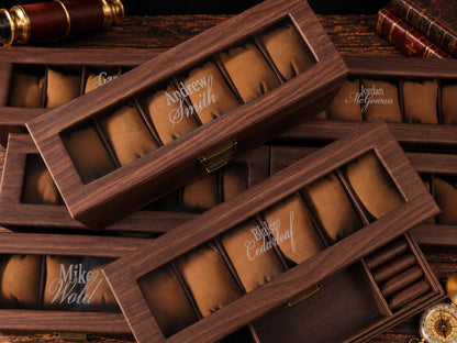 Personalized Watch Box for Men, Custom Engraved 6 Watch Organizer with Glass Lid, Wooden Display Case, Bulk Groomsmen Wedding Gift