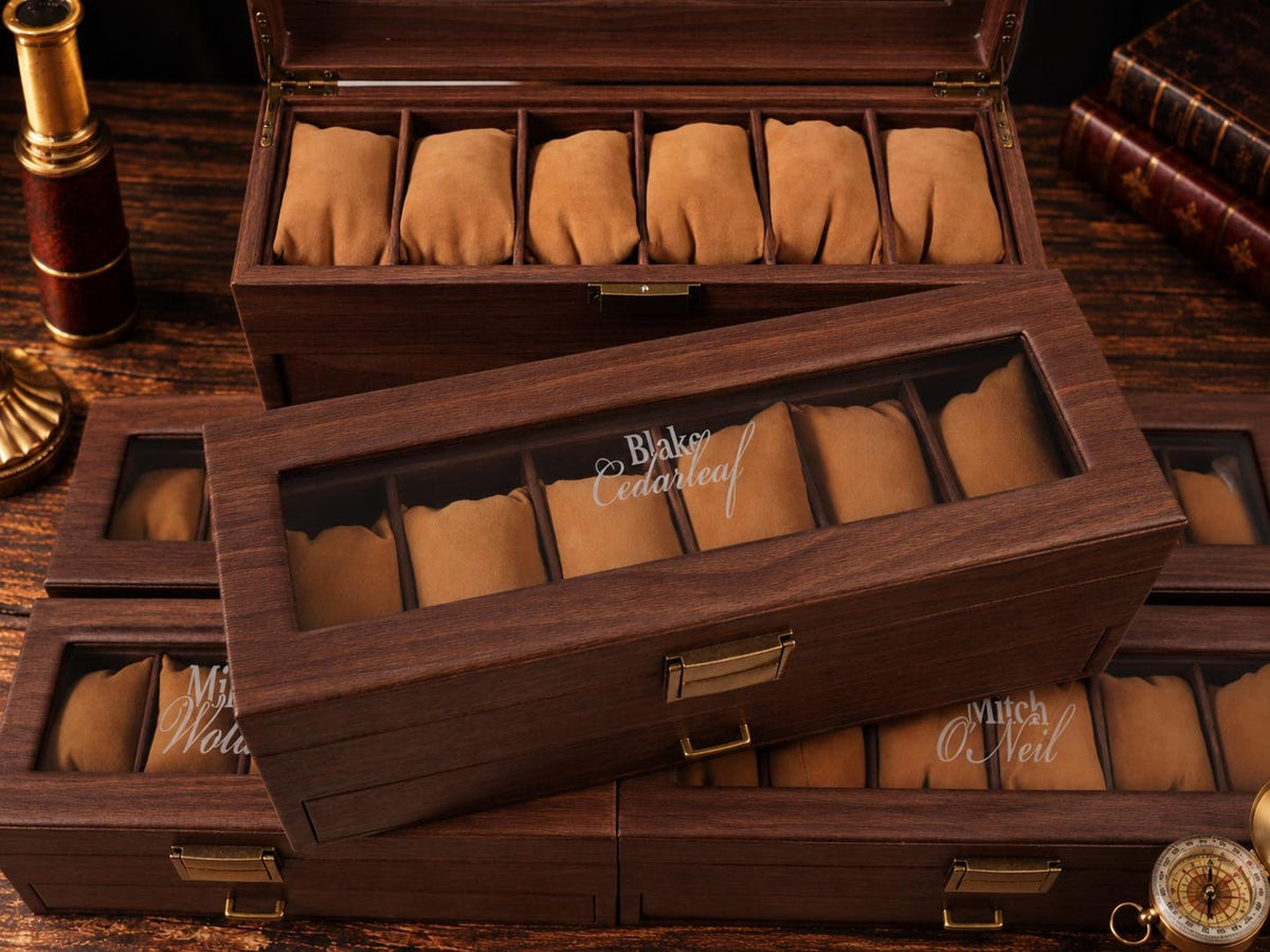 Personalized Watch Box for Men, Custom Engraved 6 Watch Organizer with Glass Lid, Wooden Display Case, Bulk Groomsmen Wedding Gift