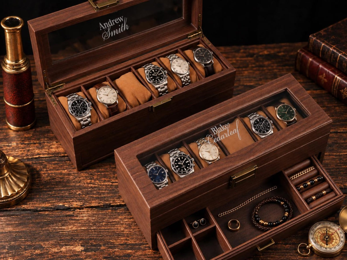 Personalized Watch Box for Men, Custom Engraved 6 Watch Organizer with Glass Lid, Wooden Display Case, Bulk Groomsmen Wedding Gift