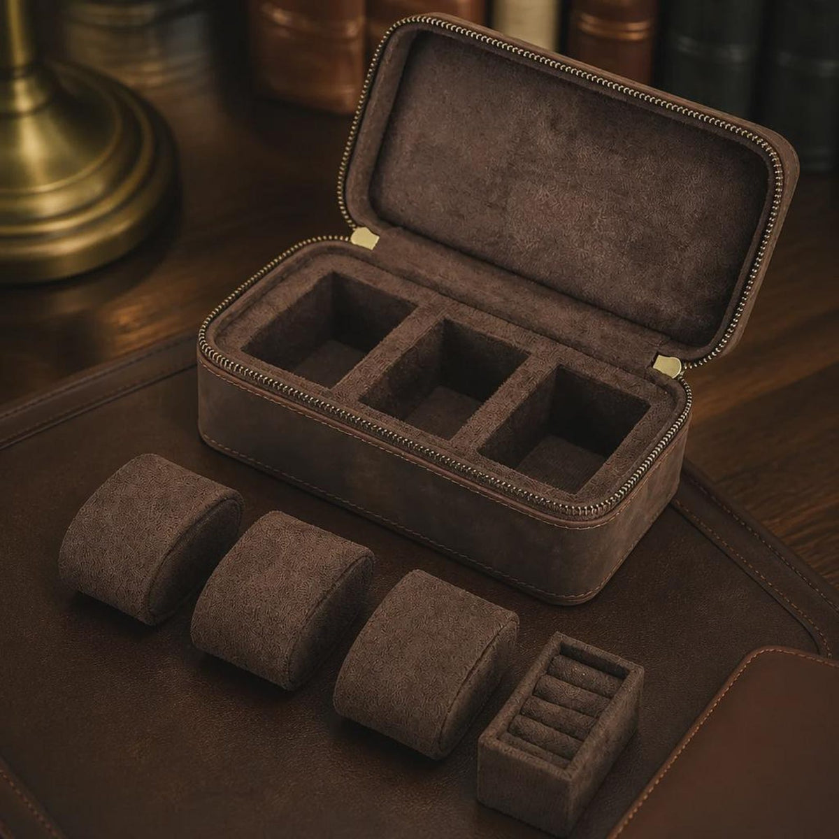 Coffee Genuine Leather 3 Slot Watch Box Jewelry Travel Storage Case