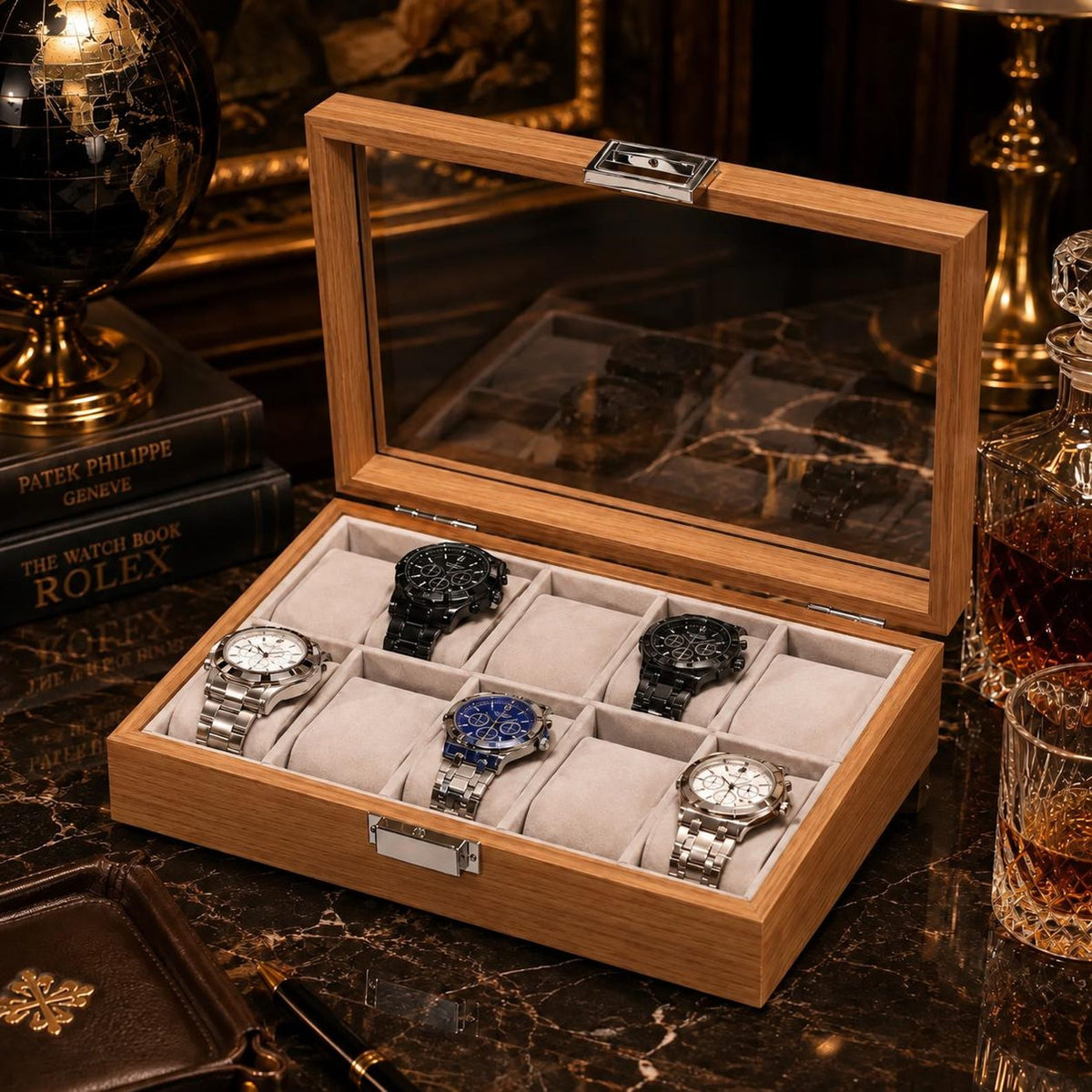 Wooden Watch Box with Glass Lid, 2 6 10 or 12 Slot Watch Organizer Display Case