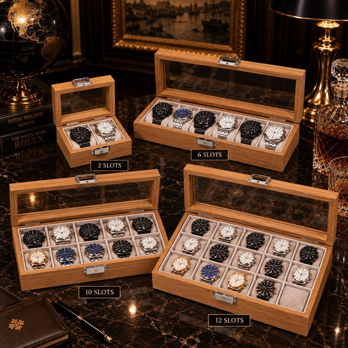 Wooden Watch Box with Glass Lid, 2 6 10 or 12 Slot Watch Organizer Display Case