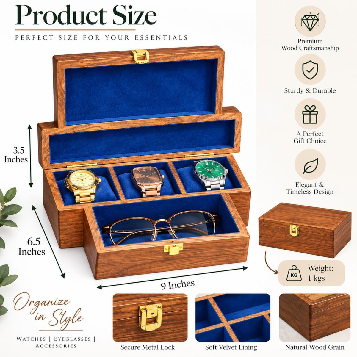 Personalized Wooden Watch Box for Men, 3 Slot Wood Watch and Glasses Organizer, Engraved Anniversary Gift for Husband, Gift for Him