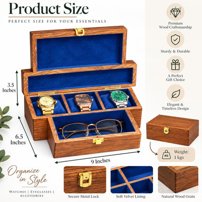 Personalized Wooden Watch Box for Men, 3 Slot Wood Watch and Glasses Organizer, Engraved Anniversary Gift for Husband, Gift for Him