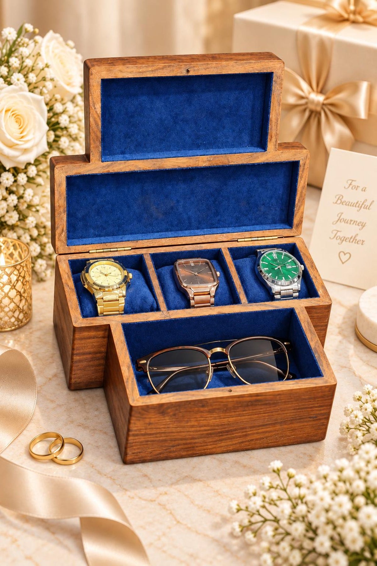 Personalized Wooden Watch Box for Men, 3 Slot Wood Watch and Glasses Organizer, Engraved Anniversary Gift for Husband, Gift for Him