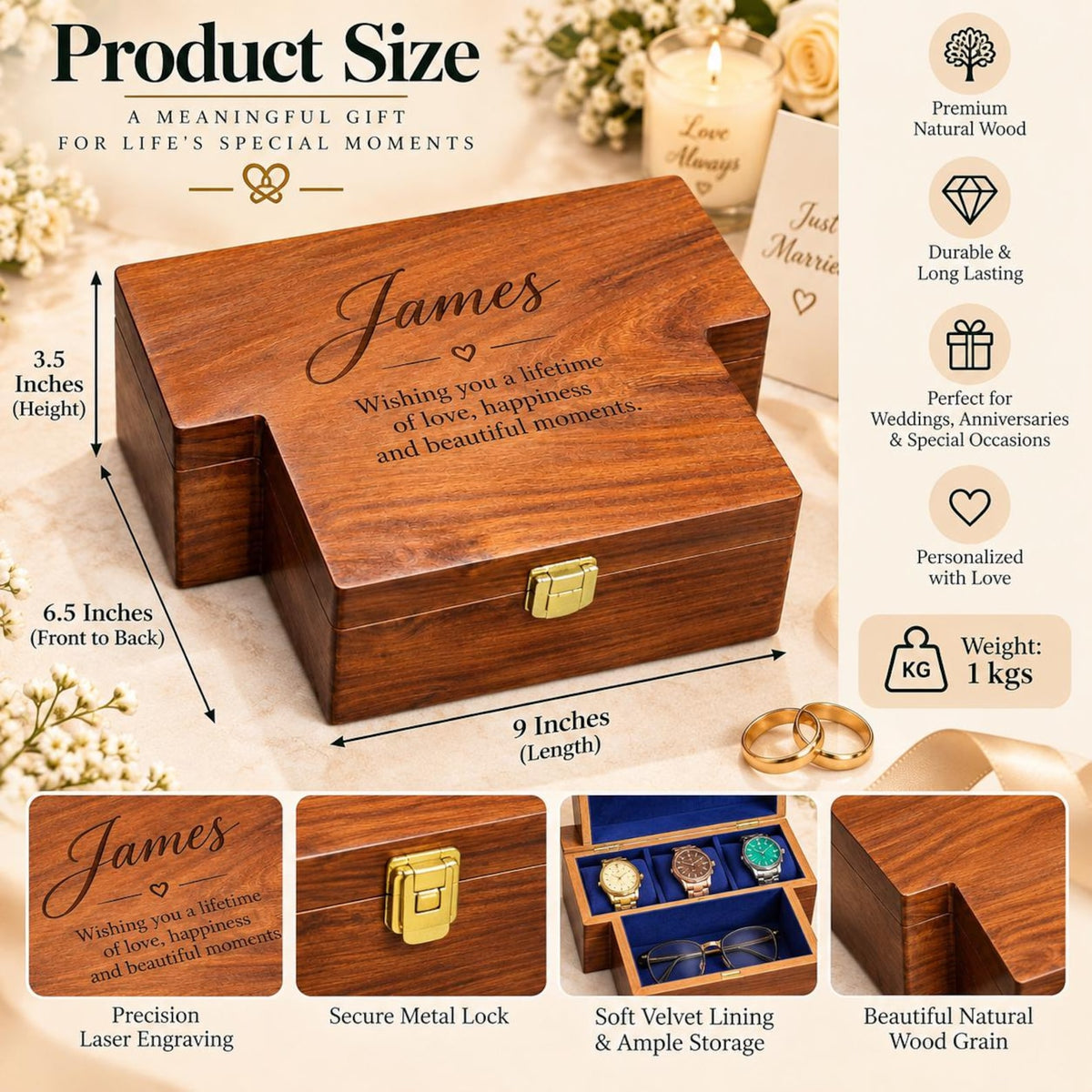 Personalized Wooden Watch Box for Men, 3 Slot Wood Watch and Glasses Organizer, Engraved Anniversary Gift for Husband, Gift for Him