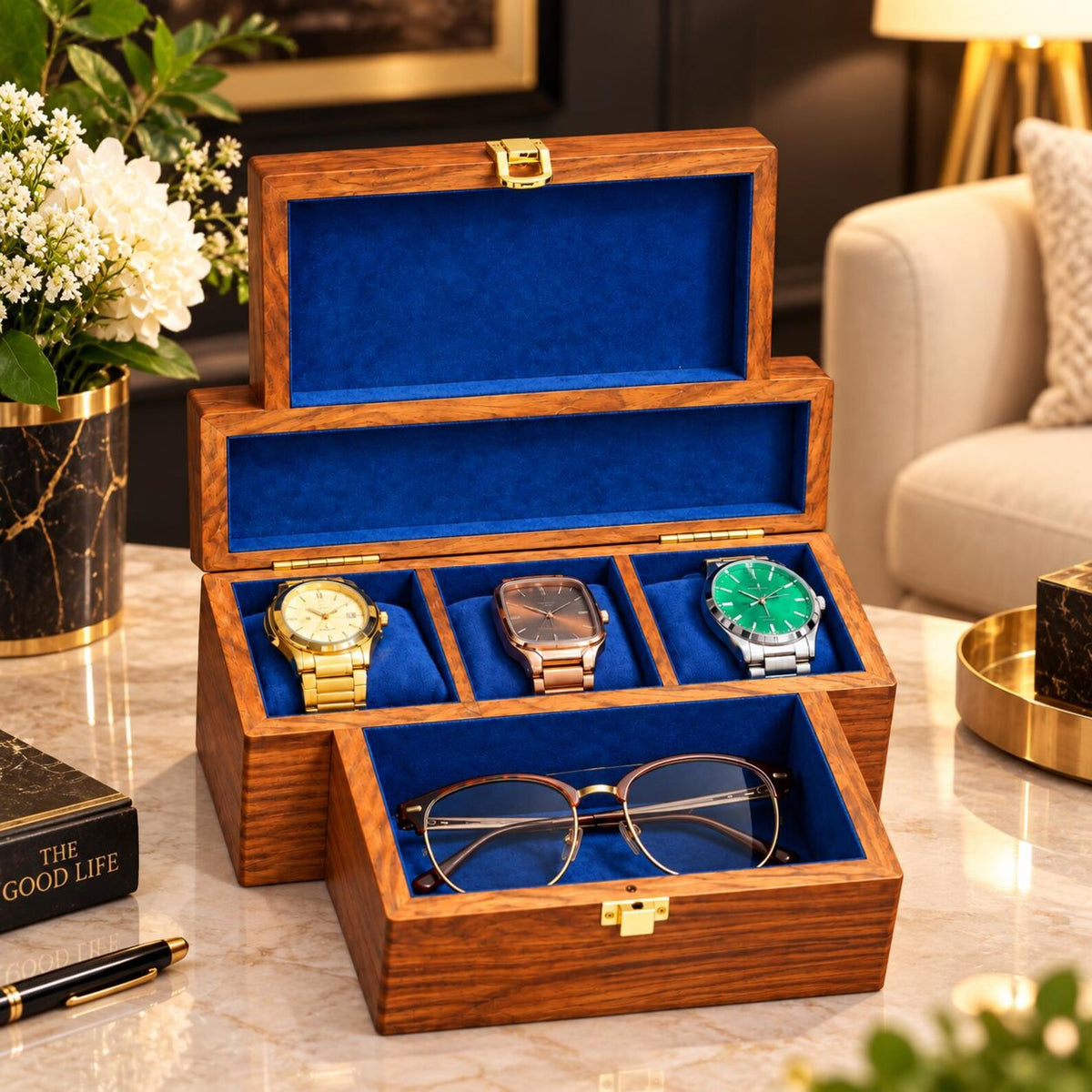 Personalized Wooden Watch Box for Men, 3 Slot Wood Watch and Glasses Organizer, Engraved Anniversary Gift for Husband, Gift for Him