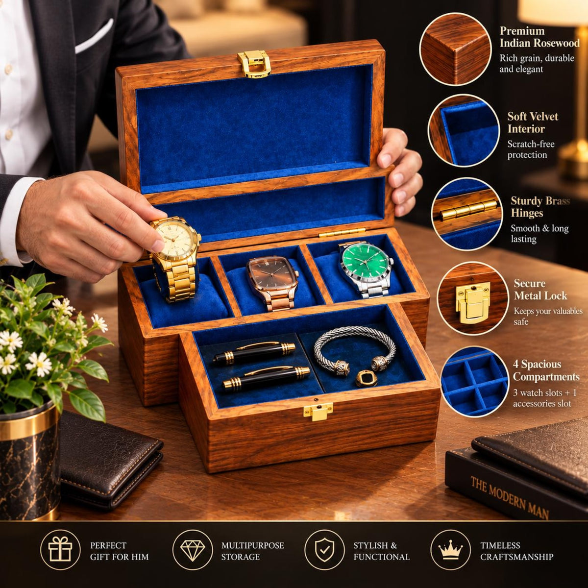 Personalized Wooden Watch Box for Men, 3 Slot Wood Watch and Glasses Organizer, Engraved Anniversary Gift for Husband, Gift for Him