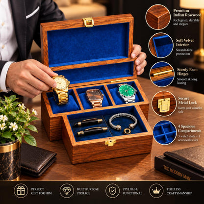 Personalized Wooden Watch Box for Men, 3 Slot Wood Watch and Glasses Organizer, Engraved Anniversary Gift for Husband, Gift for Him