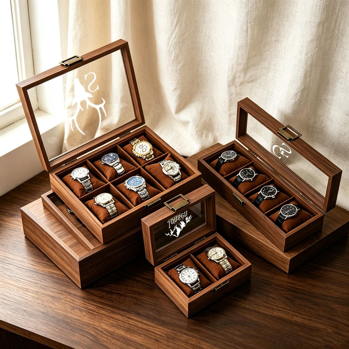 Custom Engraved Wooden Watch Box, Velvet Lined, Glass Top Display Case, Custom Gift For Him