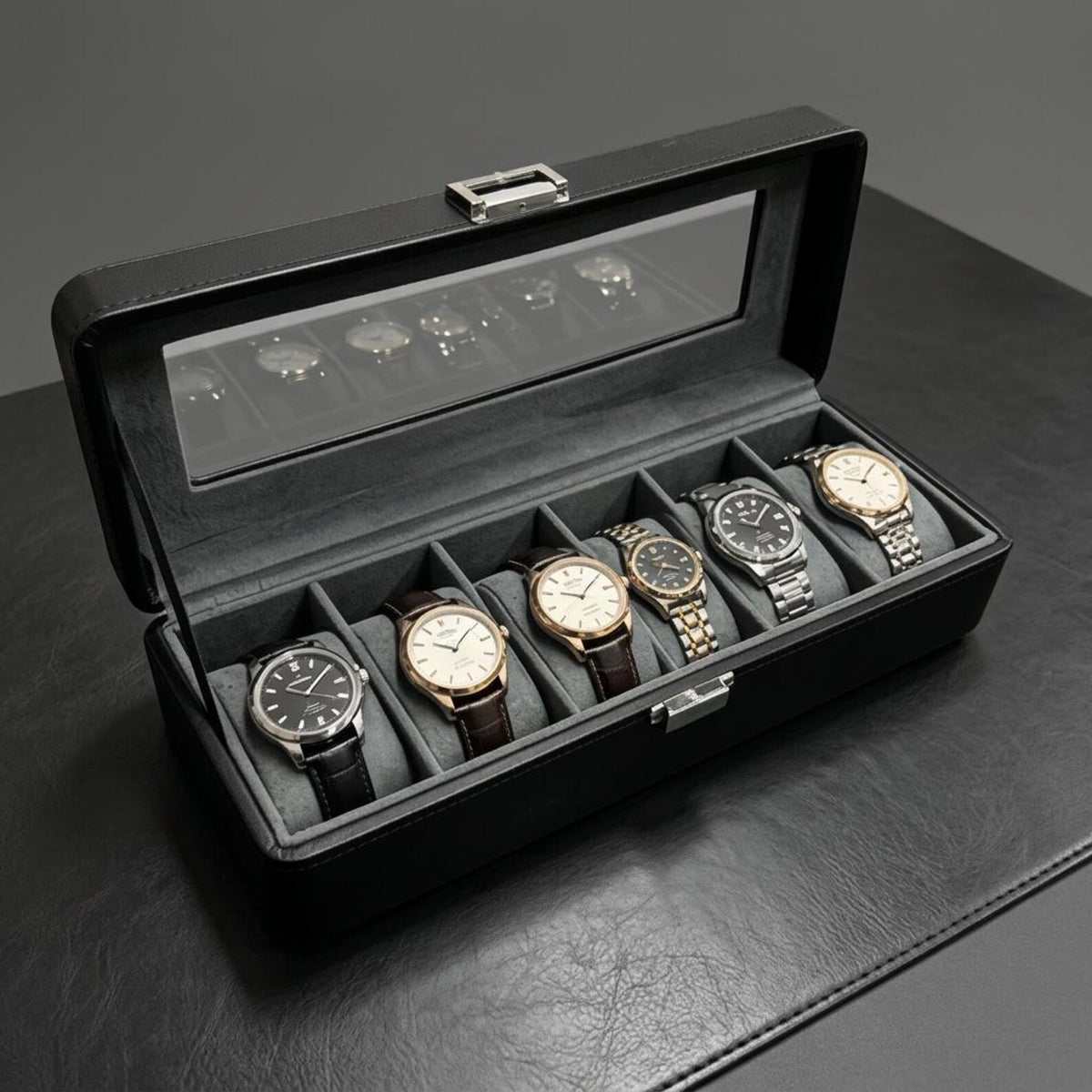 Luxury 6 Slot Leather Watch Box Set | Lockable Watch Display Case with Clear Window + Bracelet Organizer | Premium Gift for watch collectors