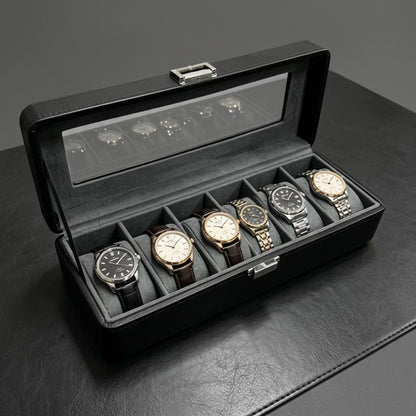 Luxury 6 Slot Leather Watch Box Set | Lockable Watch Display Case with Clear Window + Bracelet Organizer | Premium Gift for watch collectors